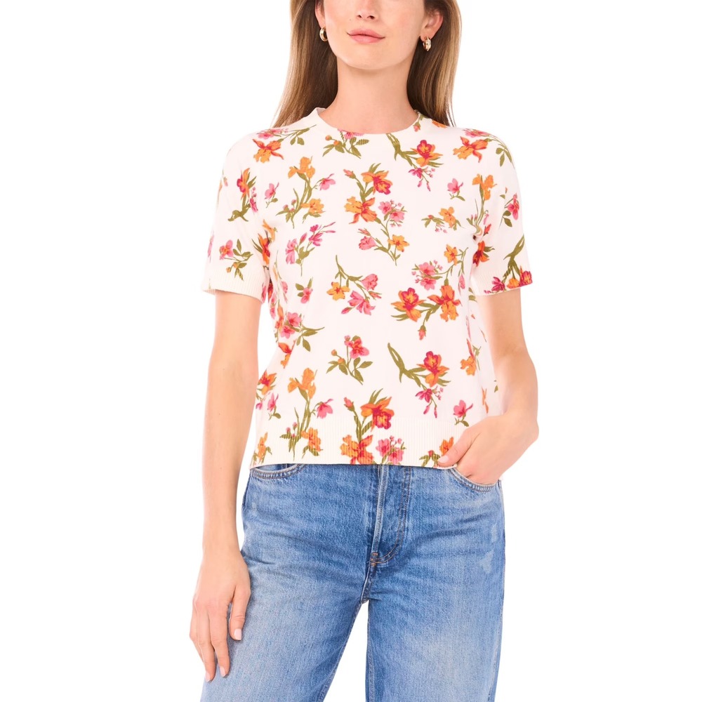 NWT Vince Camuto Womens Floral Short Sleeve Sweater Orange Multi Size M Pullover